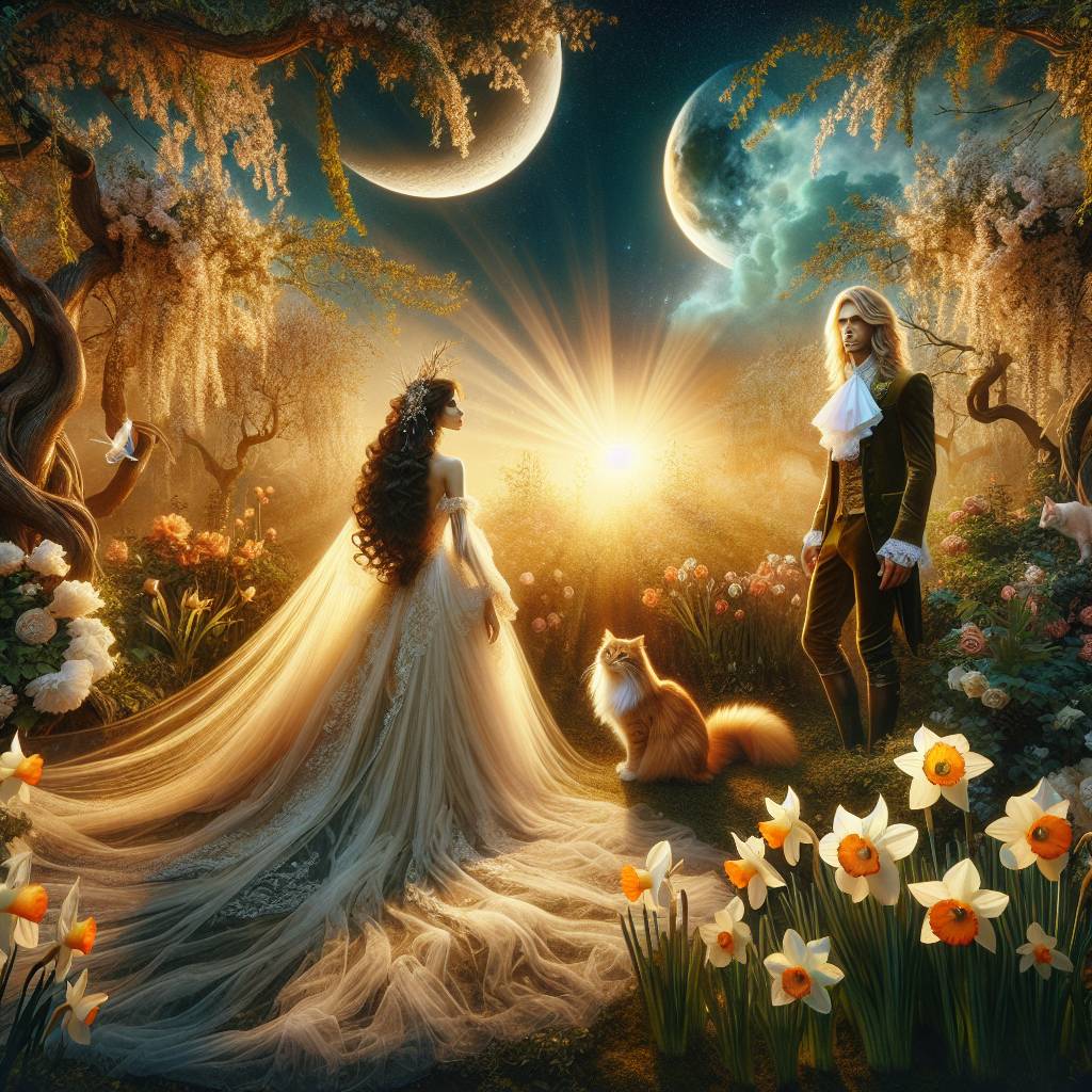 2) Wedding AI Generated Card - Dark curly haired Bride , Long haired blonde Groom , Sun, Moon, Ginger and white cat , Garden wedding , and Daffodil  (286a9)