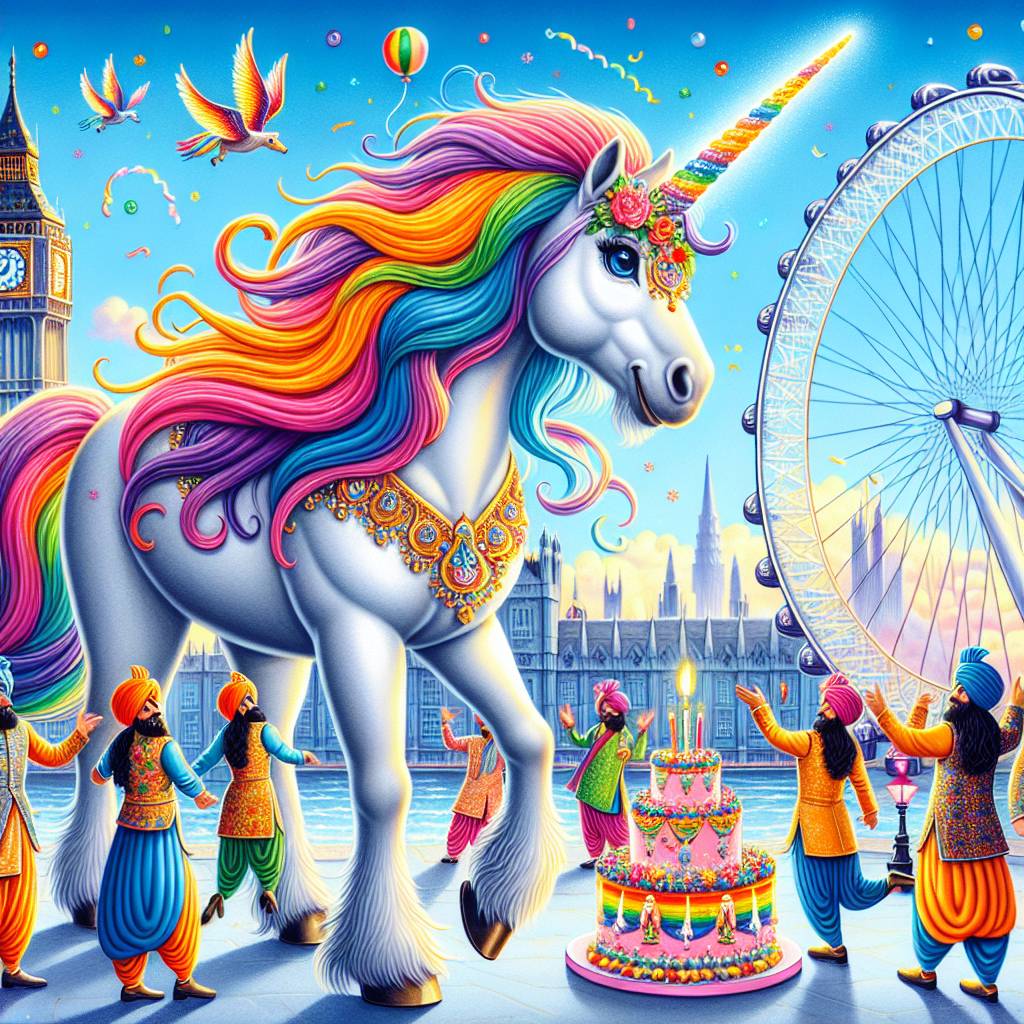 1) Birthday AI Generated Card - Unicorn , Cake, London, Bhangra, and Rainbow (b9da4)