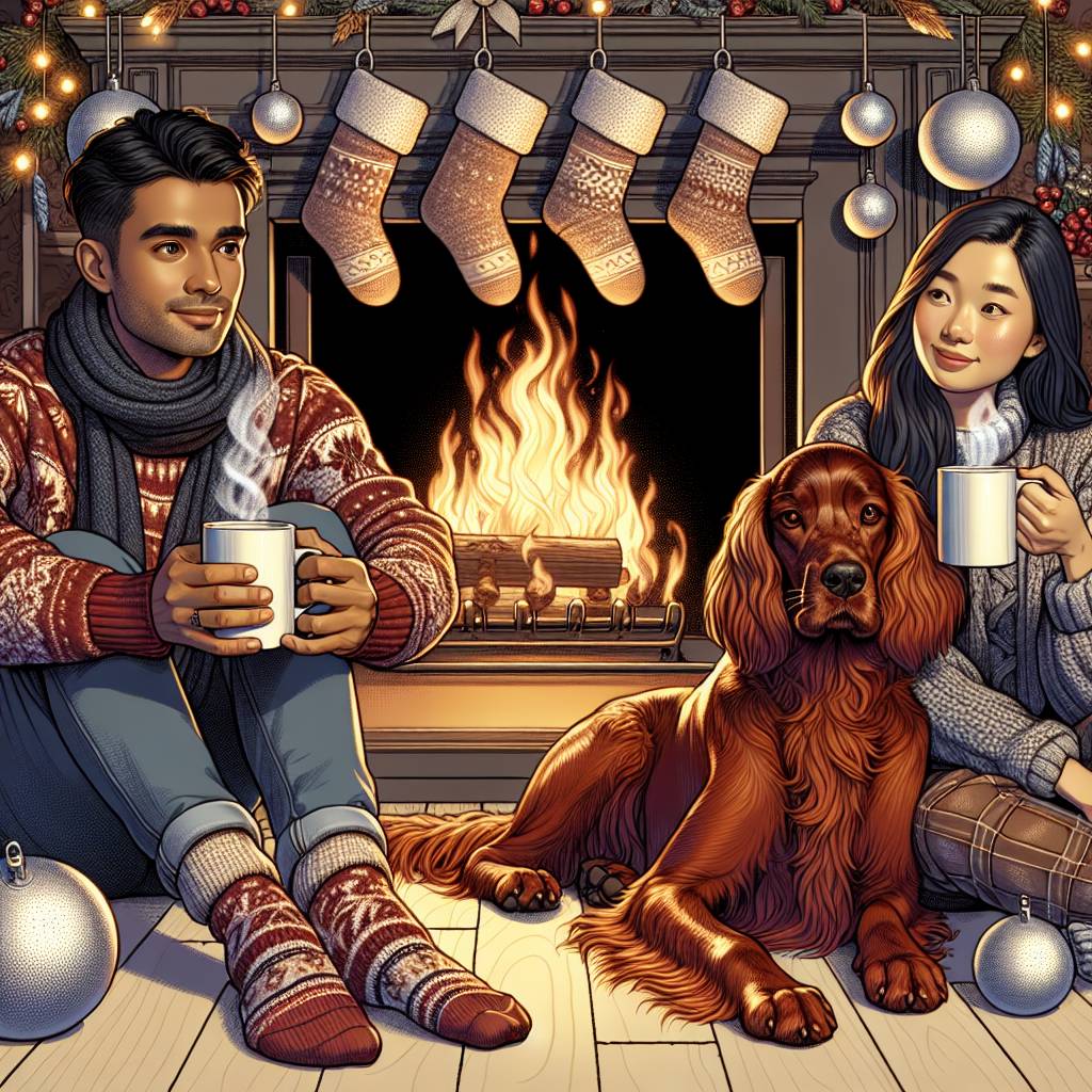 3) Christmas AI Generated Card - Irish setter, Caucasian auburn haired beautiful woman, and Caucasian brown haired handsome man with moustache, beard, and silver glasses (0a287)