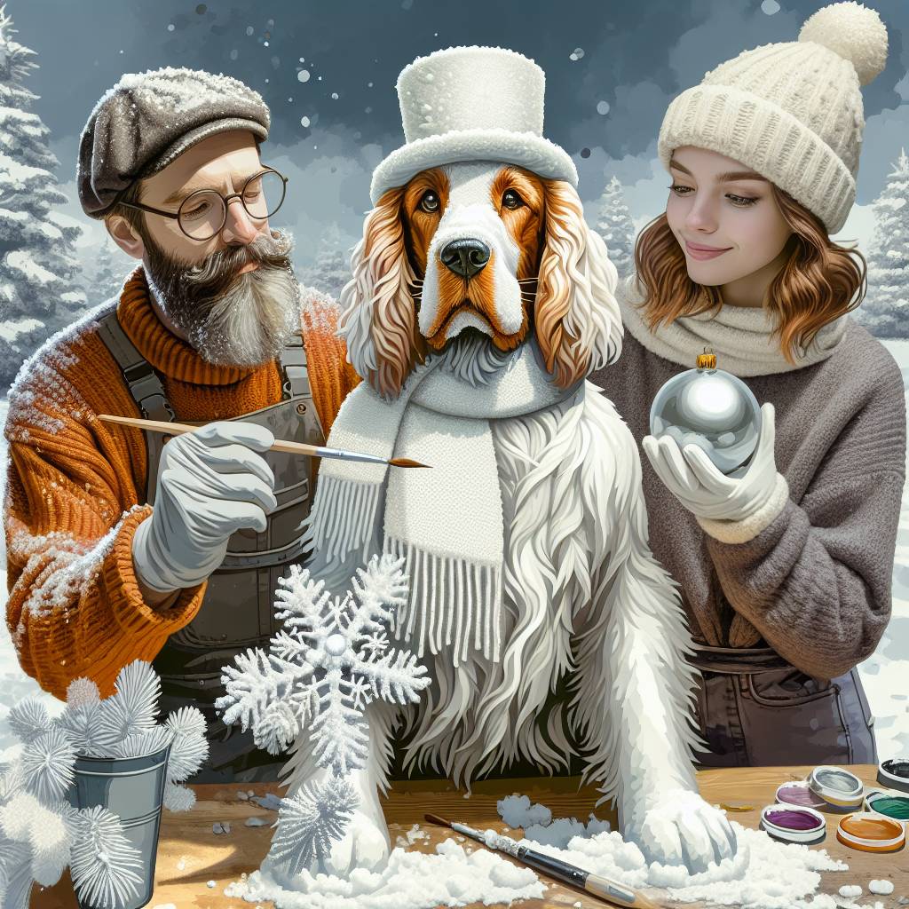 2) Christmas AI Generated Card - Irish setter, Caucasian auburn haired beautiful woman, and Caucasian brown haired handsome man with moustache, beard, and silver glasses (6cab6)