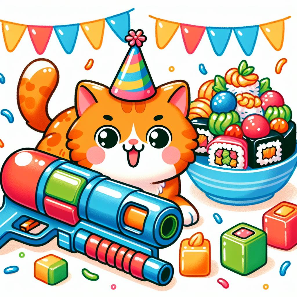 1) Birthday AI Generated Card - Ginger cat, Nerf gun, Lego, and Sushi (df71c)