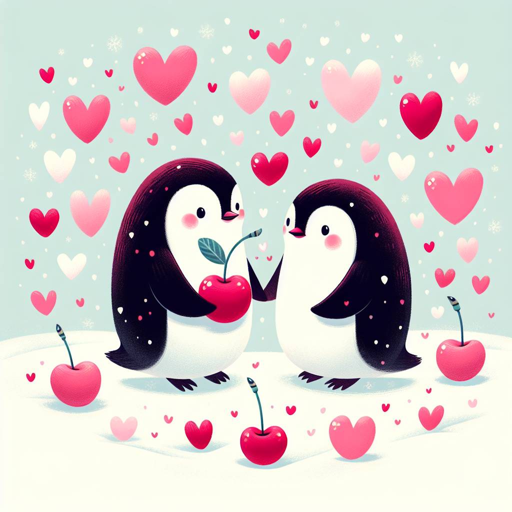 1) Valentines-day AI Generated Card - Penguins, and Cherrys (2f21f)