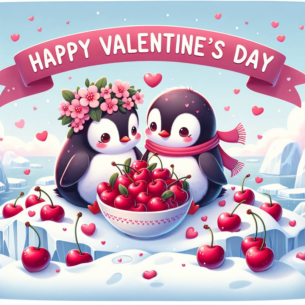 2) Valentines-day AI Generated Card - Penguins, and Cherrys (ca5e4)