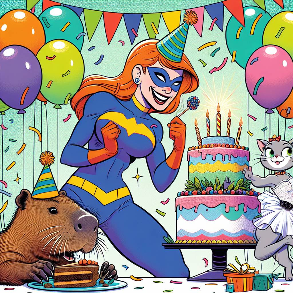 1) Birthday AI Generated Card - Captain Marvel, Capybara , and Black and white cat (a932d)
