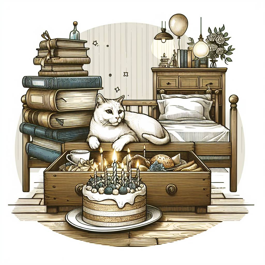 1) Birthday AI Generated Card - Cats, Books, Food, and Bed (7d30c)