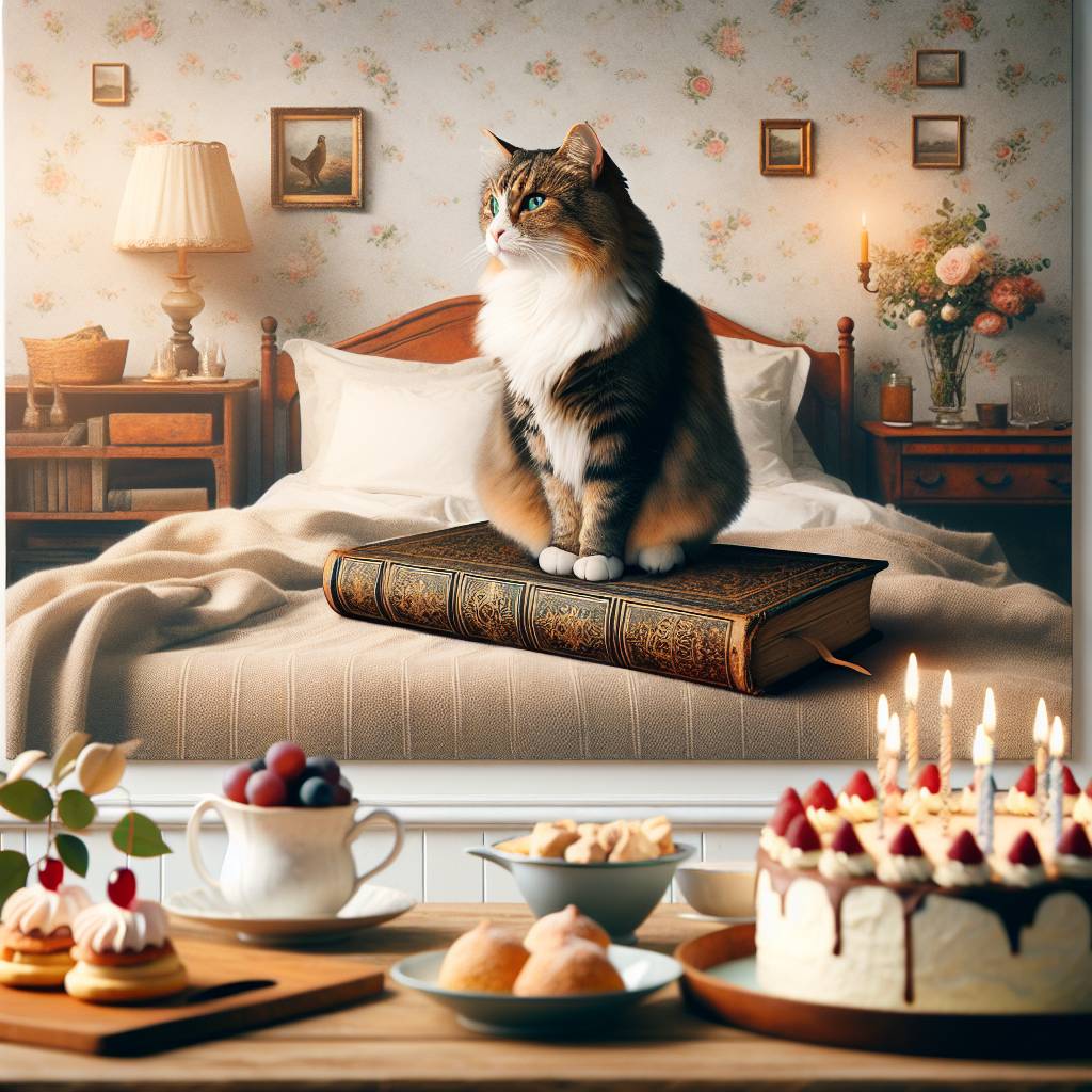 2) Birthday AI Generated Card - Cats, Books, Food, and Bed (95c19)