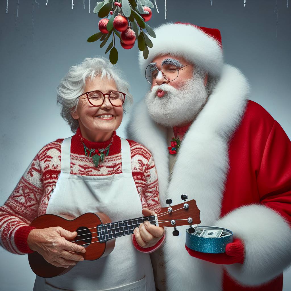 3) Christmas AI Generated Card - Ukulele playing Mrs Clause and Santa with money tin (af5f1)