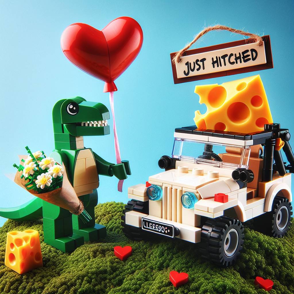 2) Valentines-day AI Generated Card - Dinosaur, Lego, Jeep, and Cheese (60c88)