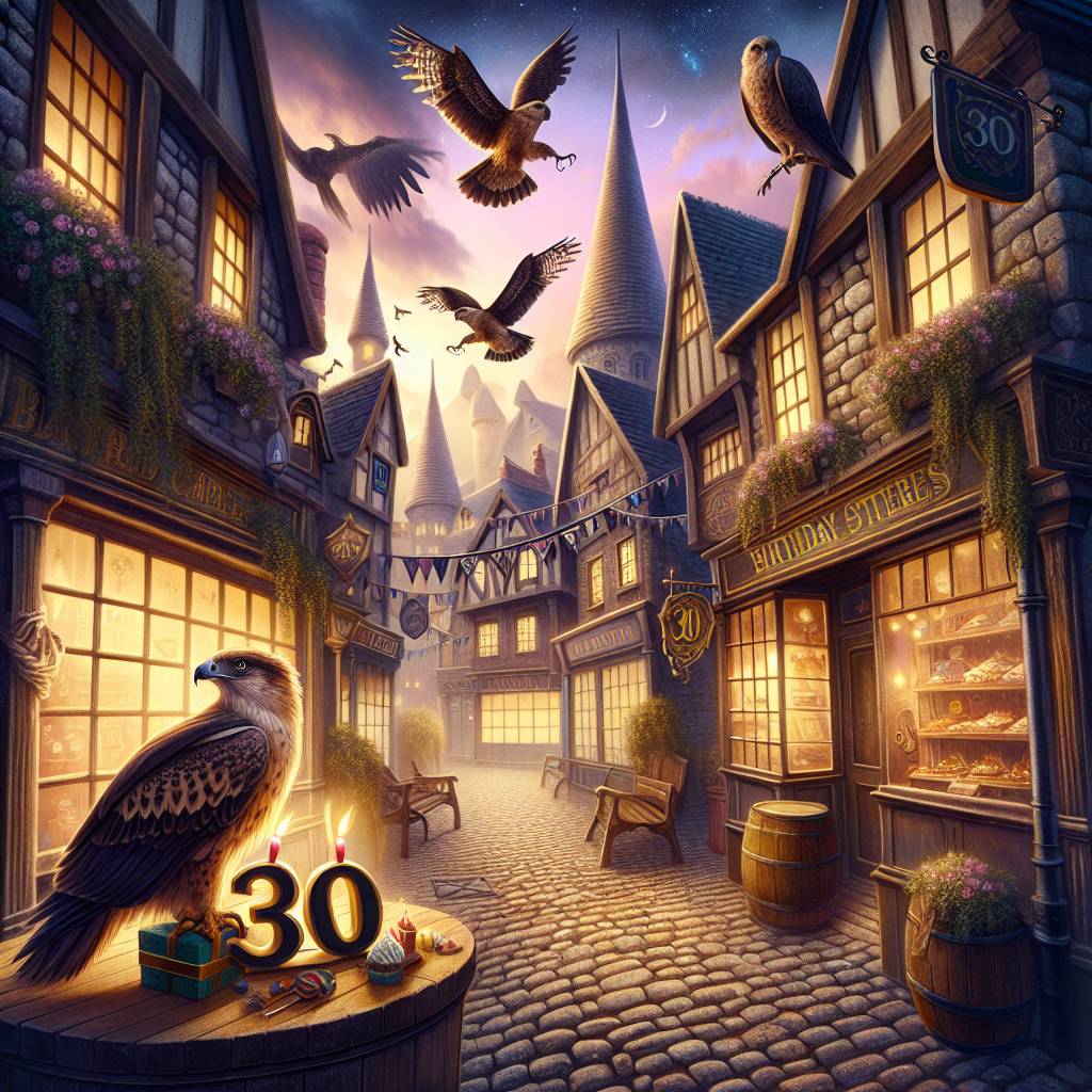 1) Birthday AI Generated Card - Diagon alley, 30, and Owls (34966)