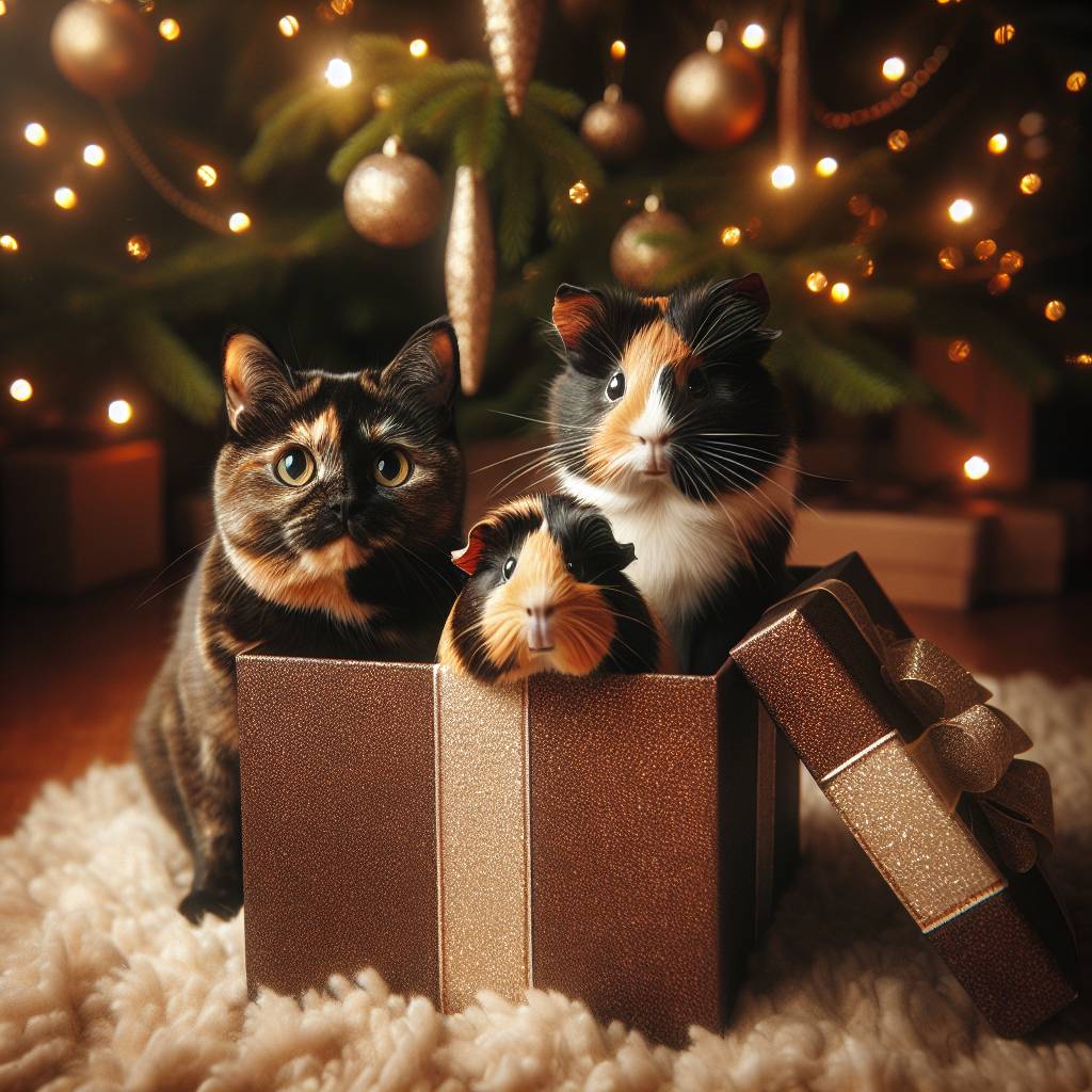 4) Christmas AI Generated Card - Tortoise shell cat brown and black, scatty, with no white patches of fur, Brown rosette guinea pig, crazy long hair, with no white fur, and Smooth haired brown guinea pig with no white fur (e9e7c)