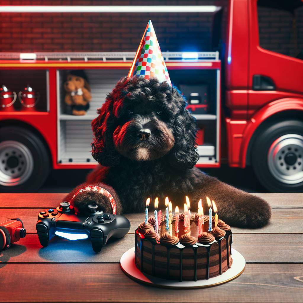 1) Birthday AI Generated Card - Black cockerpoo, Gaming, Chocolate, and Fire engine (4aed8)