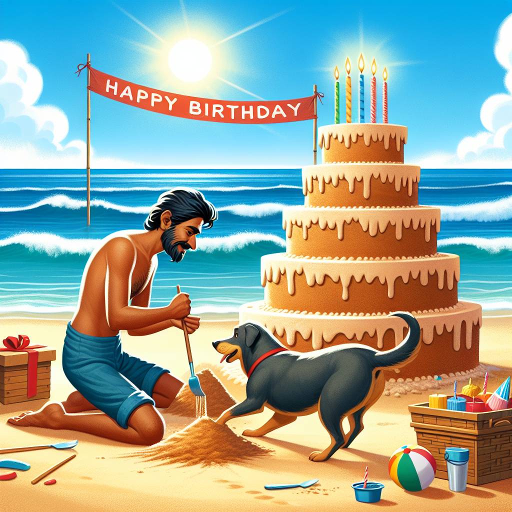 2) Birthday AI Generated Card - Dog, Man, and Beach