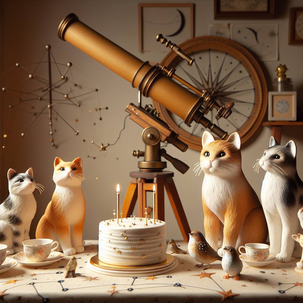 2) Birthday AI Generated Card - Ginger cat , Tuxedo cat, White spotted cat, Tea , Cake, Telescope, European robin, Wren, and Astronomy (8fea3)