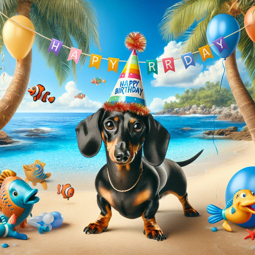 2) Birthday AI Generated Card - Black and tan dachshund , Beach , and Fish  (8b001)