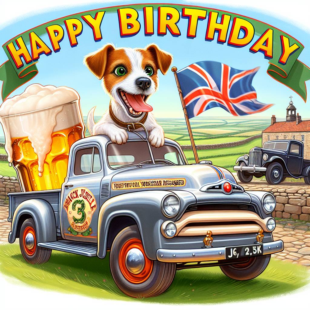 2) Birthday AI Generated Card - White and tan jack russell dog, American trucks , Pint of beer, Yorkshire, John Wayne, and General Lee flag (c6819)