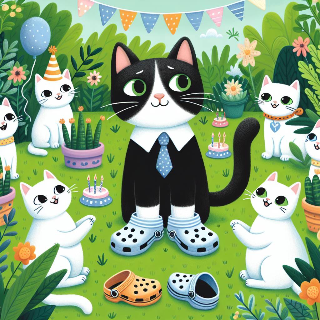 2) Birthday AI Generated Card - Cats wearing crocs, Cats at a party in a garden, and Male black and white cat with lots of female cats giving attention  (21111)