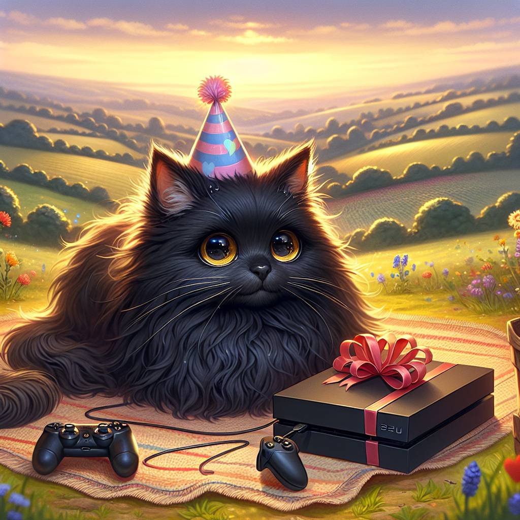 1) Birthday AI Generated Card - Ale, Longhaired black cat, Playstation , and Countryside  (e1dff)