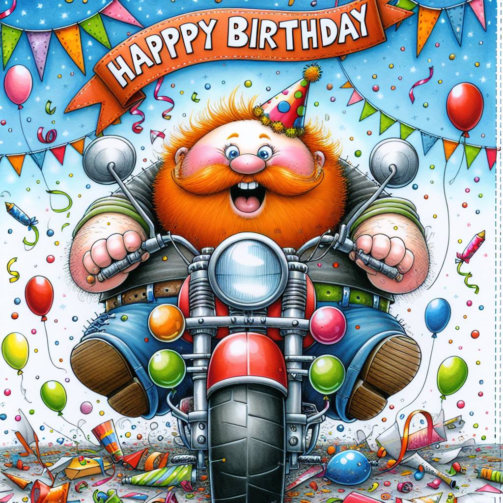 1) Birthday AI Generated Card - Ginger tall fat man motorbike  (1f58f)