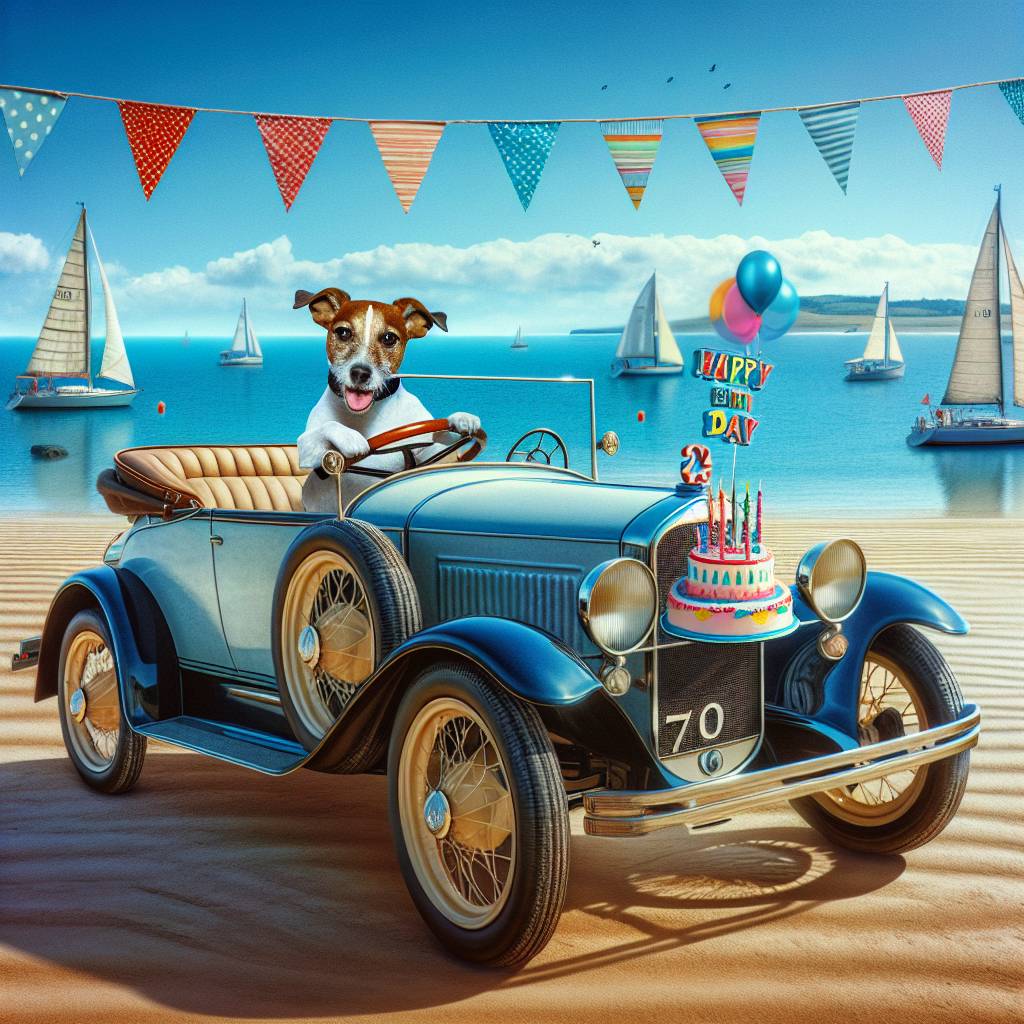 2) Birthday AI Generated Card - Classic car, Jack Russell , and Ocean  (19b6d)
