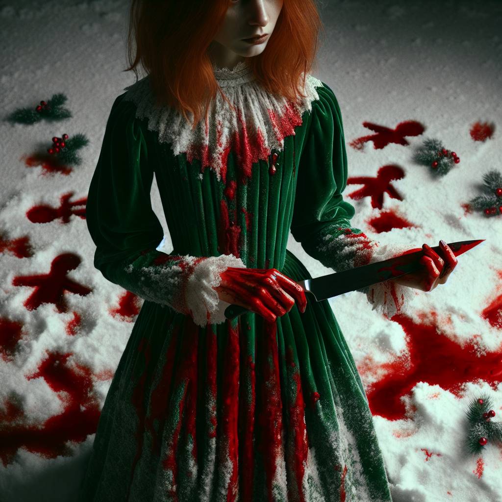 3) Christmas AI Generated Card - Red hair girl, bloodstained green dress, holding knife, bloodstained snow, fire (3c552)