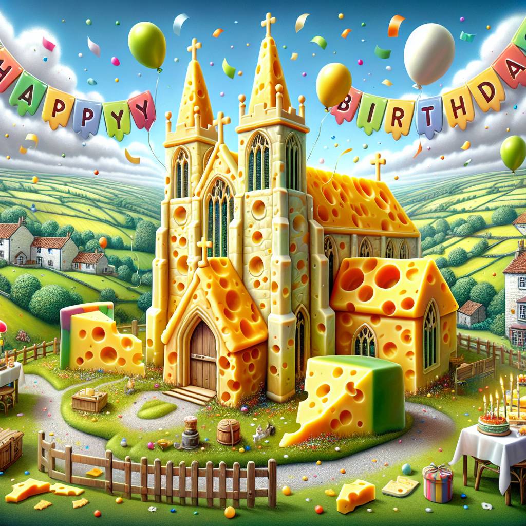 1) Birthday AI Generated Card - cheese church Yorkshire painting  (0939a)