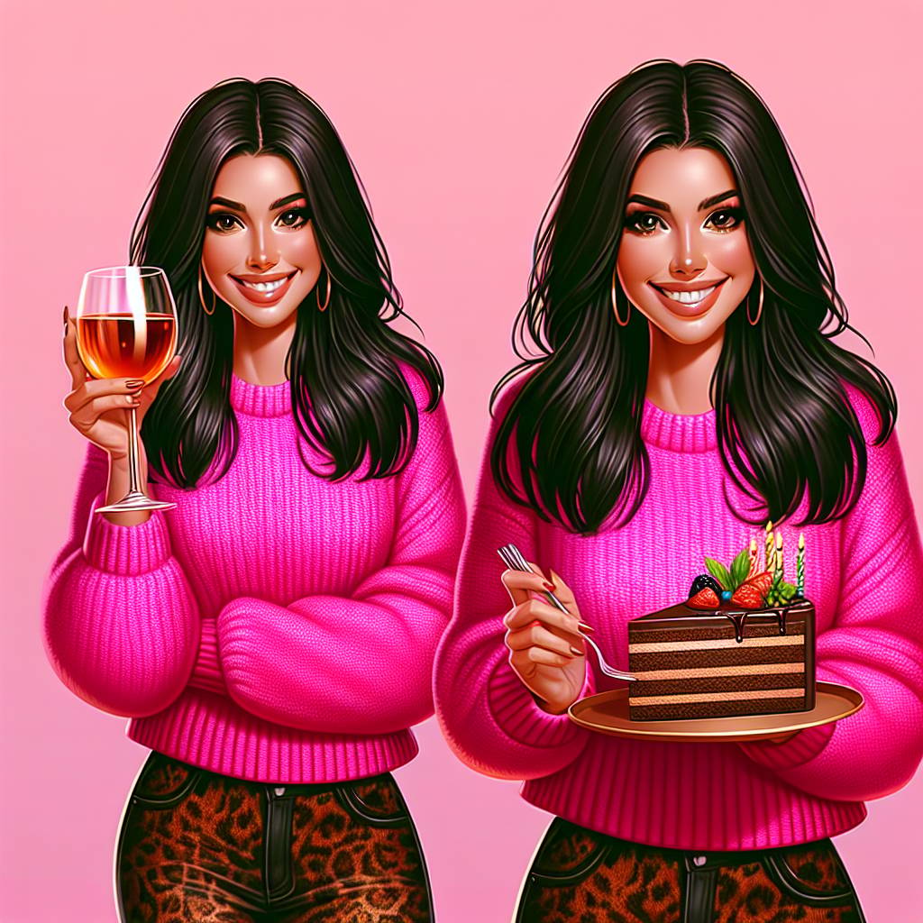 2) Birthday AI Generated Card - Brunette lady, Straight hair, Leopard print jeans, Pink jumper, Glass of wine, and Chocolate  (7587b)