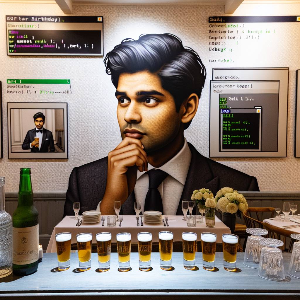 2) Birthday AI Generated Card - short haired Indian man, 30th birthday, lives in Hammersmith, likes coding, drinking beer from very small glass (a30d1)