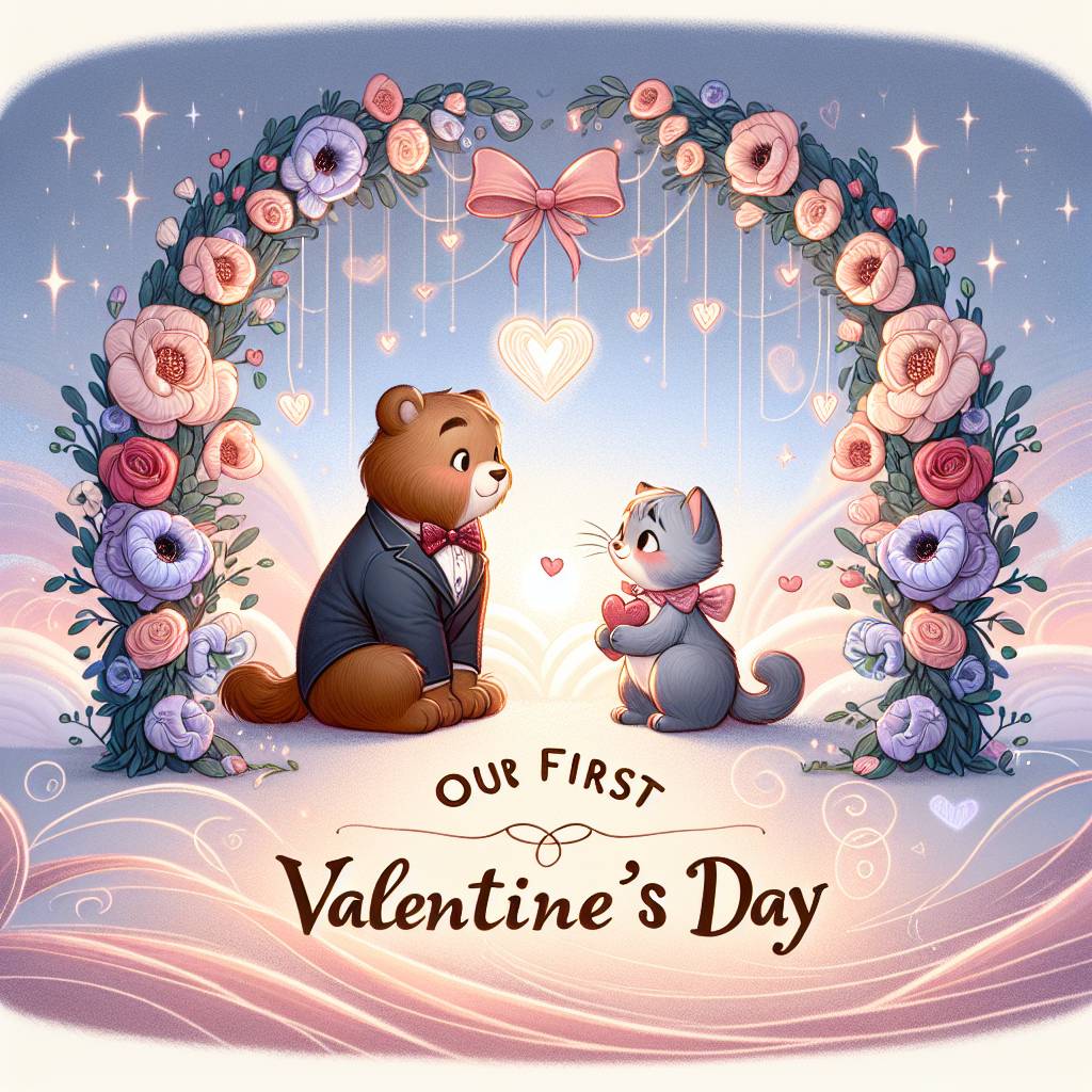 2) Valentines-day AI Generated Card - British short hair cat, Bear , Lisianthus flowers , Hearts , and Word “ Our First Valentine’s Day”  (942e0)