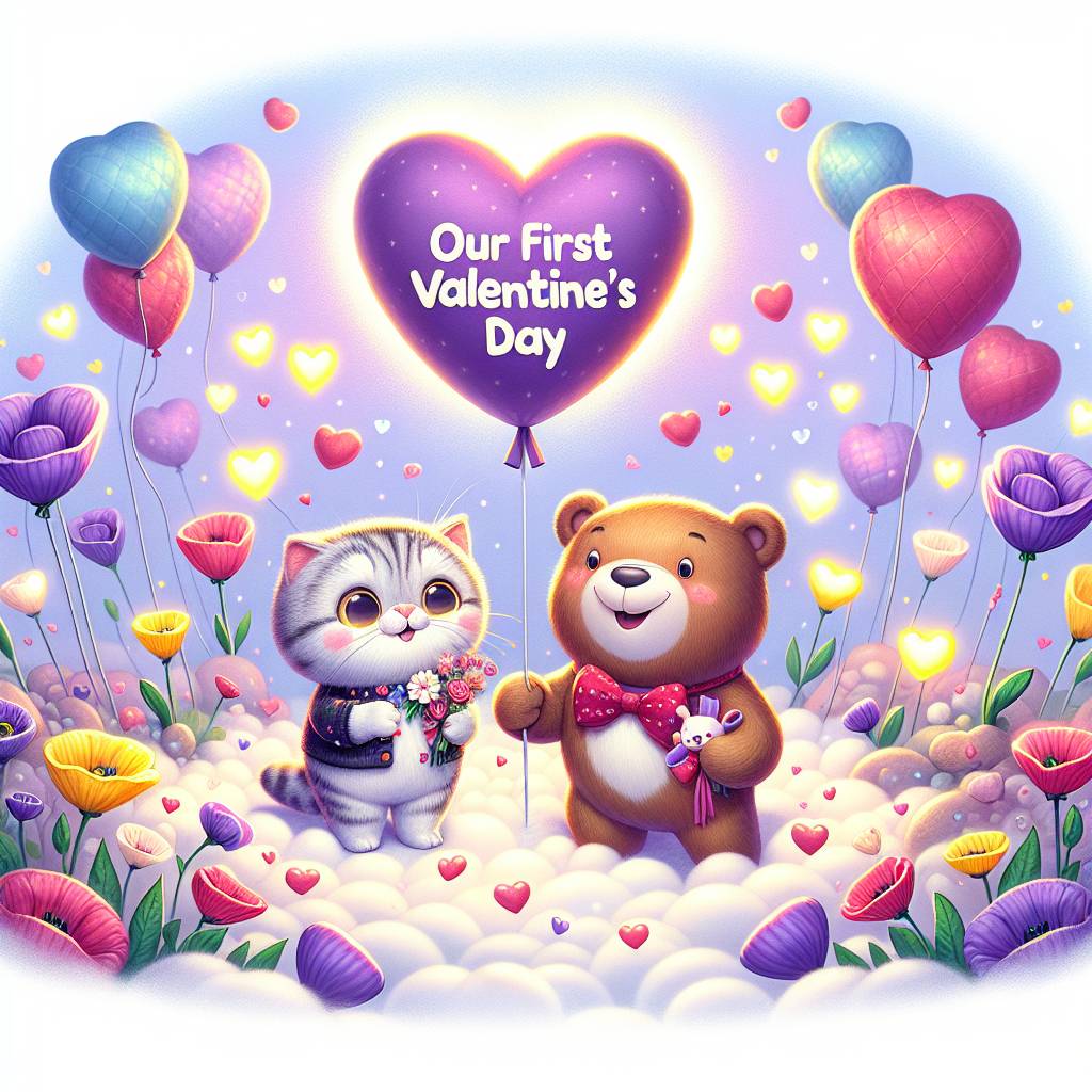 1) Valentines-day AI Generated Card - British short hair cat, Bear , Lisianthus flowers , Hearts , and Word “ Our First Valentine’s Day”  (ec19c)