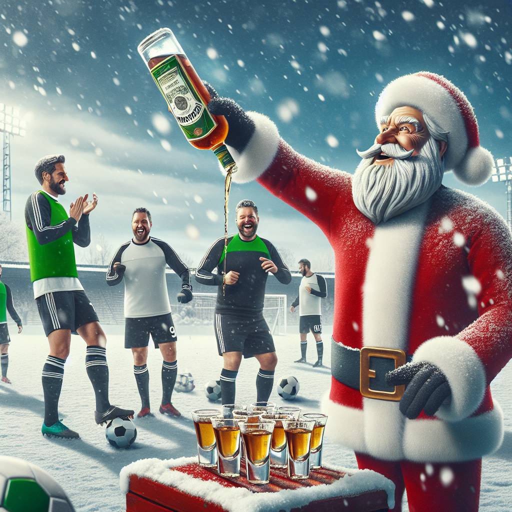 2) Christmas AI Generated Card - Sleazy individual, Alcohol (shots) tequila, and Soccer (622eb)})