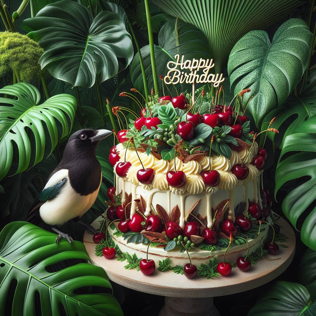 2) Birthday AI Generated Card - Monstera plant, cherry cake, magpy, happy birthday  (60d55)