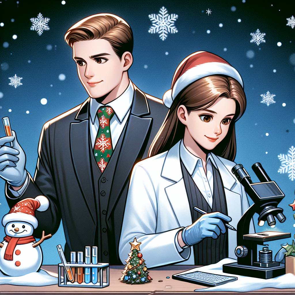 4) Christmas AI Generated Card - Male forex trader with white skin and short brown hair, and Female scientist with white skin and long brown hair, Snowy London, and Female scientist with white skin and long brown hair (dce12)