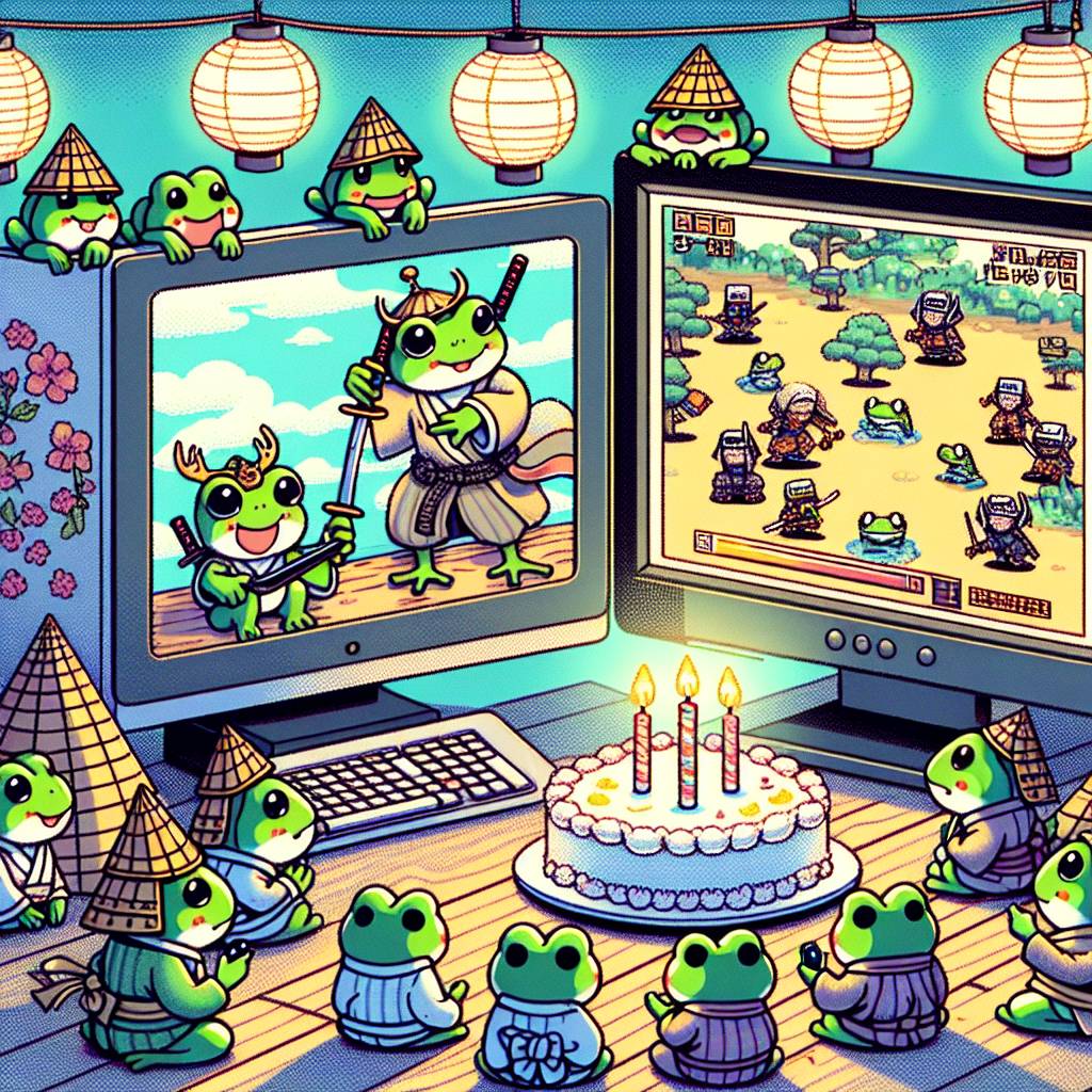 2) Birthday AI Generated Card - Frogs, Computer games , and Japan (adfa0)