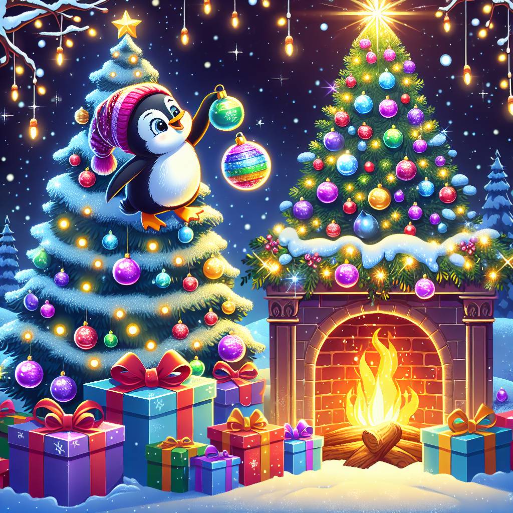 3) Christmas AI Generated Card - Cute cartoon penguin decorating christmas tree, Presents, and Fireplace (c77e4)