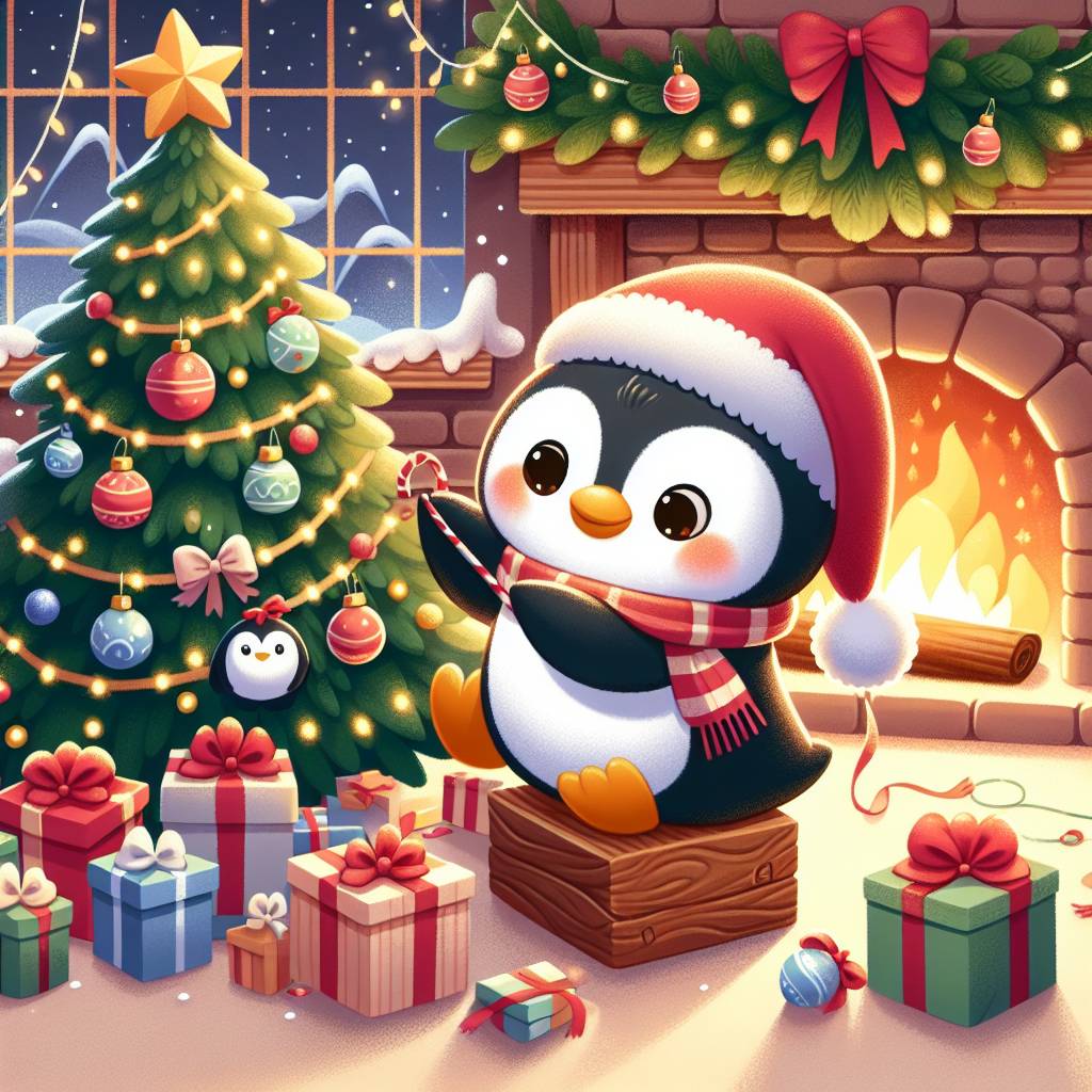 1) Christmas AI Generated Card - Cute cartoon penguin decorating christmas tree, Presents, and Fireplace (b159e)