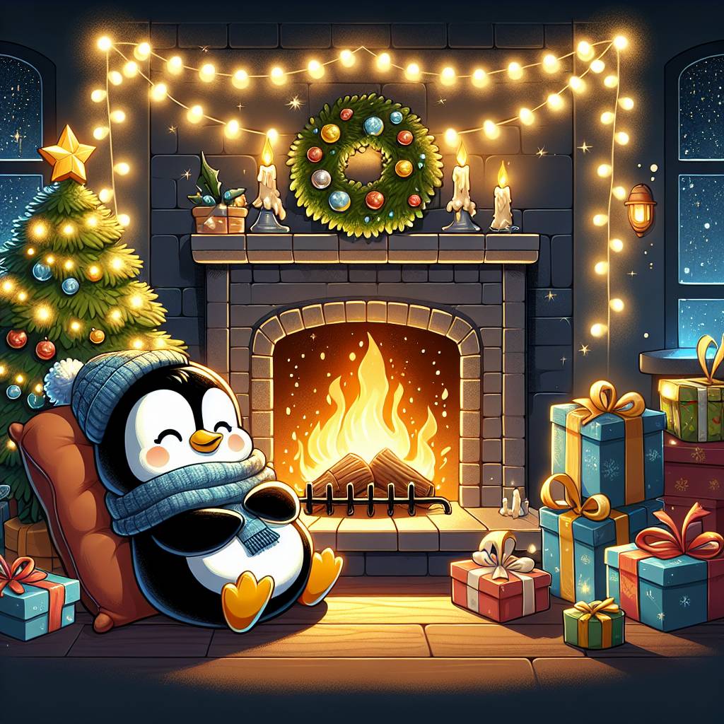 4) Christmas AI Generated Card - Cute cartoon penguin decorating christmas tree, Presents, and Fireplace (850ff)