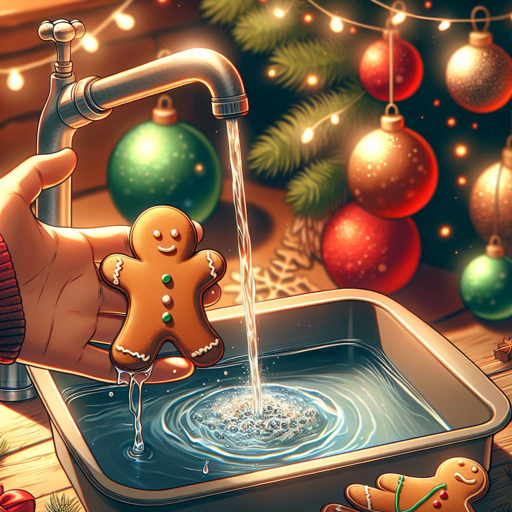 1) Christmas AI Generated Card - Clean water running from a tap to drink, Gingerbread man cookies, and Christmas decorations (fc4c6)})