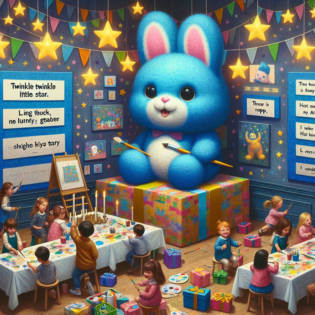 1) Birthday AI Generated Card - Blue toy rabbit, Twinkle twinkle little star, and Painting (e9e90)
