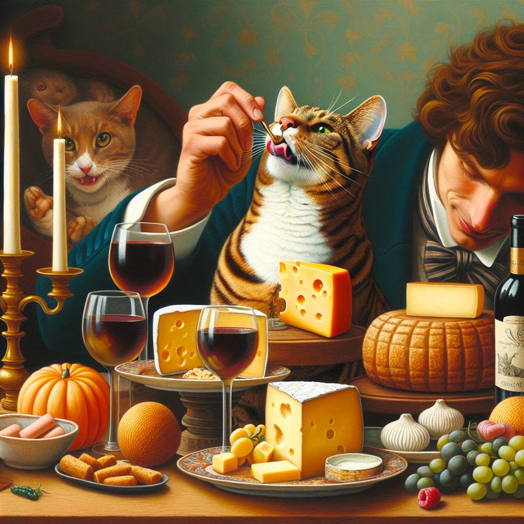 1) Anniversary AI Generated Card - Brown Tabby cat eating cheese and drinking wine, and Brown Tabby cat smacking brown haired man (da7d3)