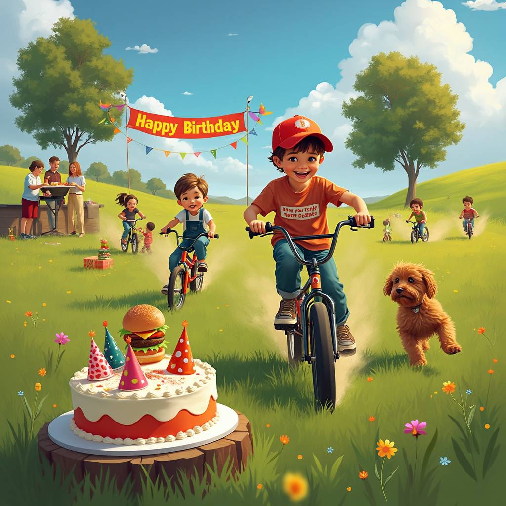 2) Birthday AI Generated Card - Mini BMX Bike, Brown Cockapoo, BBQ, Friends on mini BMX bikes, 8 years old, Grandson, Fields, Happy Birthday, and Birthday boy with baseball cap and brown haur (13764)