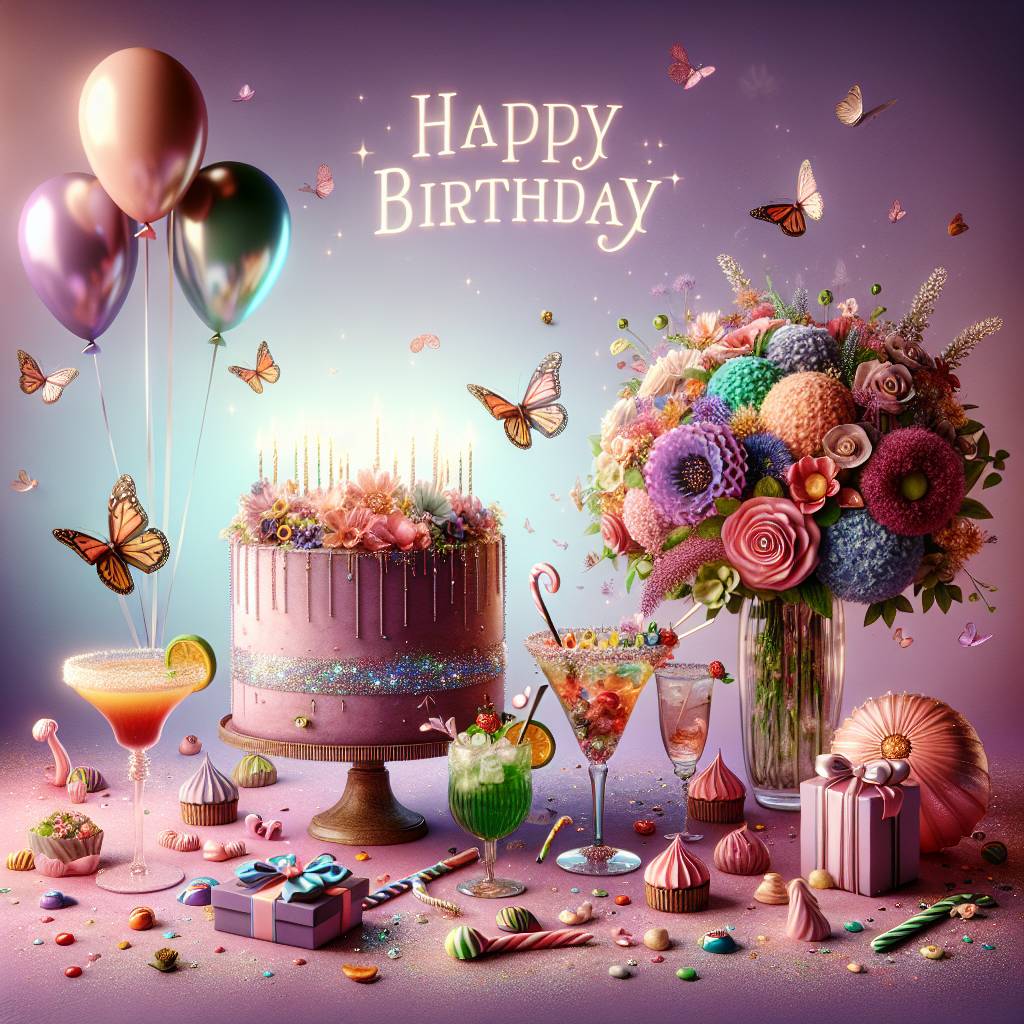 1) Birthday AI Generated Card - Cakes, Balloons, Flowers , Purple, Sparkles, Cocktails, Butterflies, and Candy (a50ab)