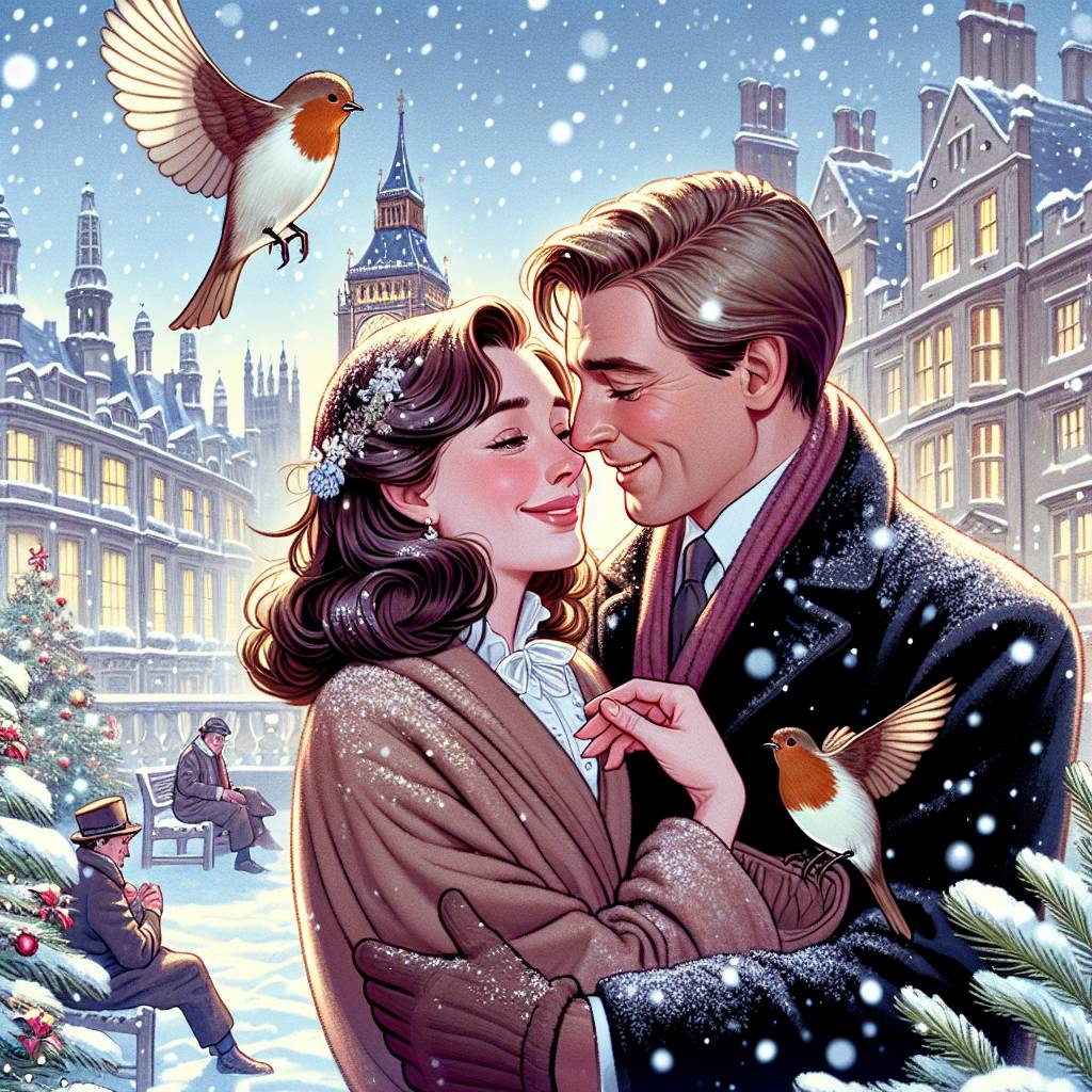 4) Christmas AI Generated Card - Birds, White girlfriend with white skin and long brown hair, White boyfriend with white skin and short brown hair, and Snowy London (d2b59)