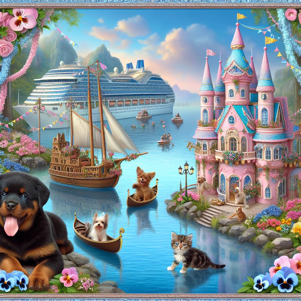 1) Mothers-day AI Generated Card - Pink castle , Gondola, Cruise ship, Blue pansy, Rottweiler puppy, Yorkshire terrier puppy, Kitten, and Eiffel Tower  (e142e)