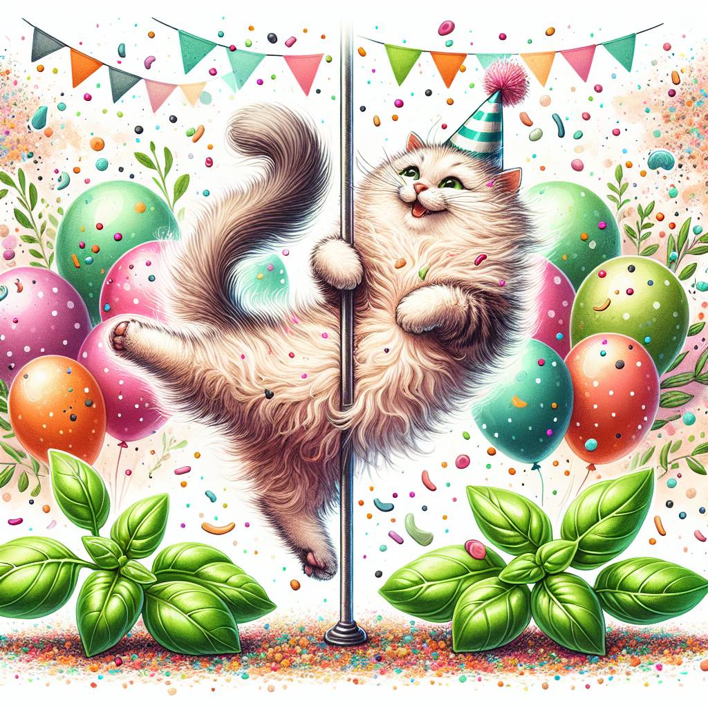 2) Birthday AI Generated Card - Cat, Basil, and Pole fitness  (099c3)