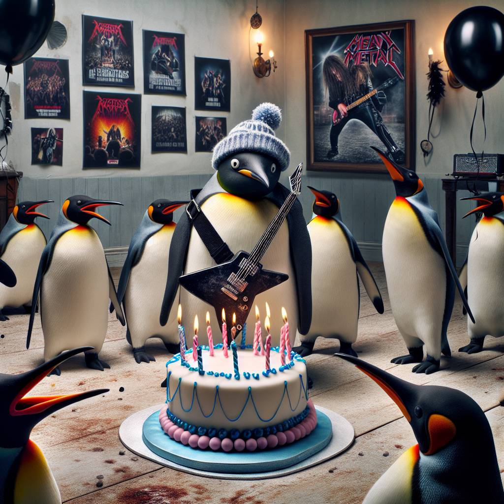 1) Birthday AI Generated Card - Penguin, and Heavy metal  (96455)