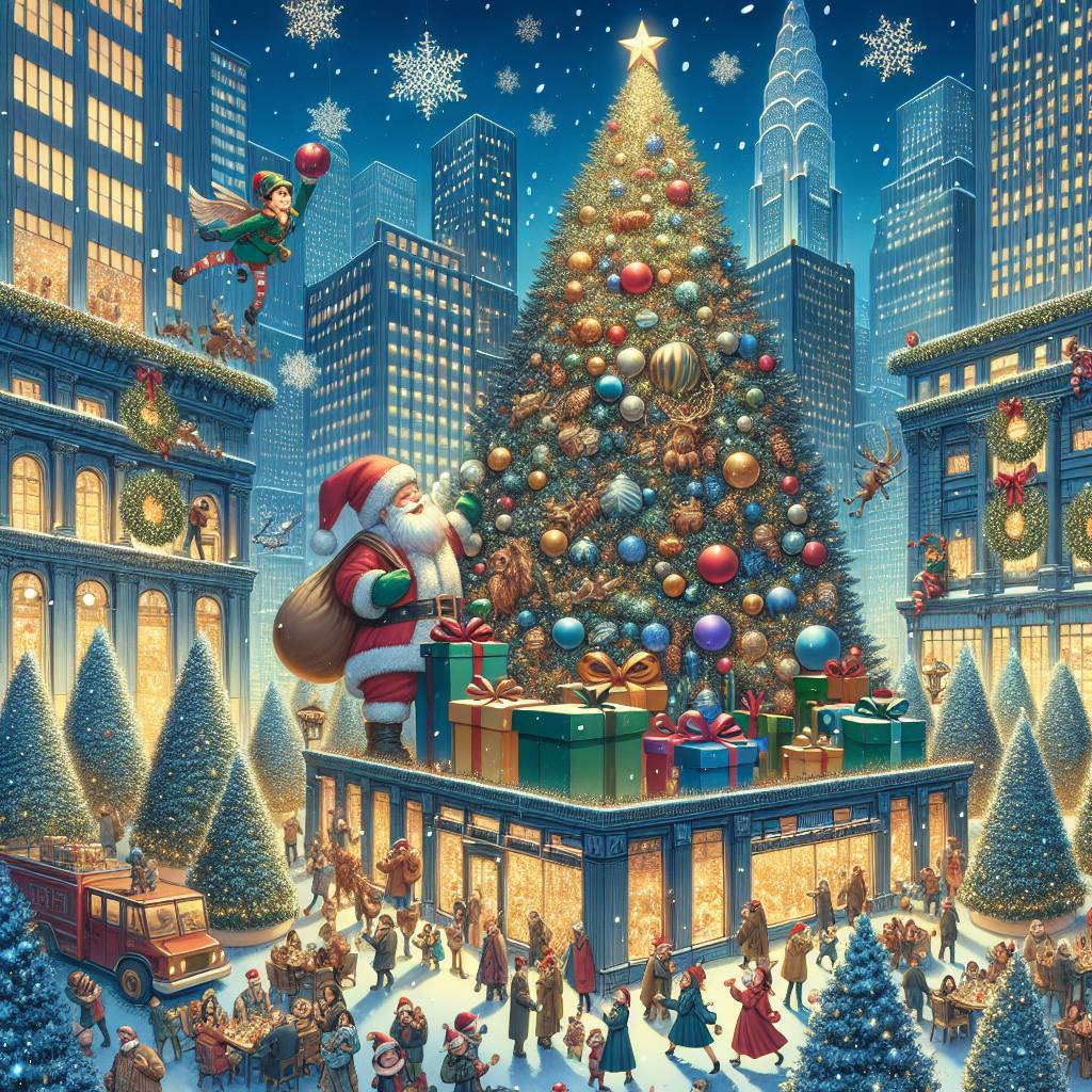 2) Christmas AI Generated Card - Christmas tree displays , Snowflakes , Manchester , Media city , Elves , Crowds having Christmas dinner , Presents , and Illuminations  (e268e)