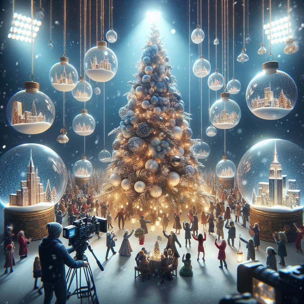 2) Christmas AI Generated Card - Christmas tree with snowglobe decorations, Christmas lights, Manchester , Media city, Party, Snowflakes, and Camera crew (3ea1e)