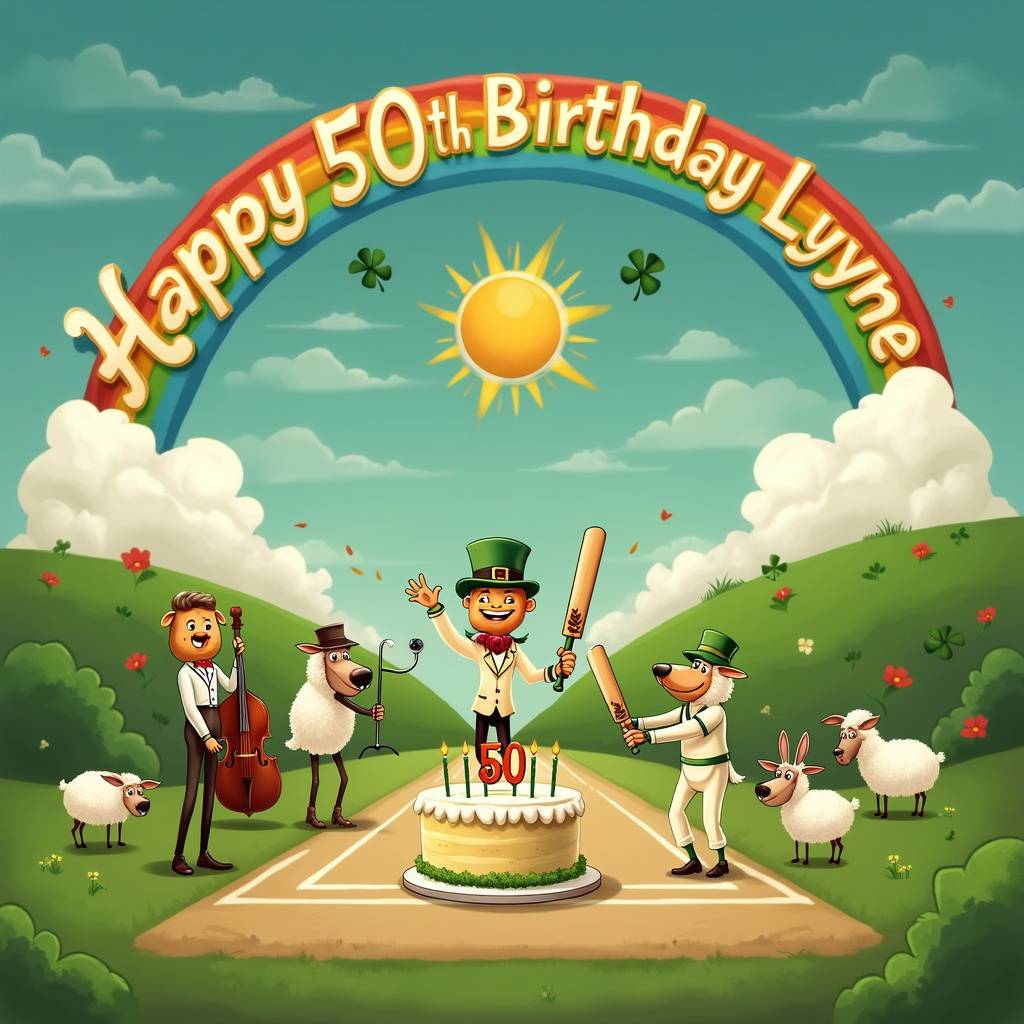 2) Birthday AI Generated Card - 50th birthday, Singing, Cricket, Rainbow, Saxophone, and Ireland (501a5)