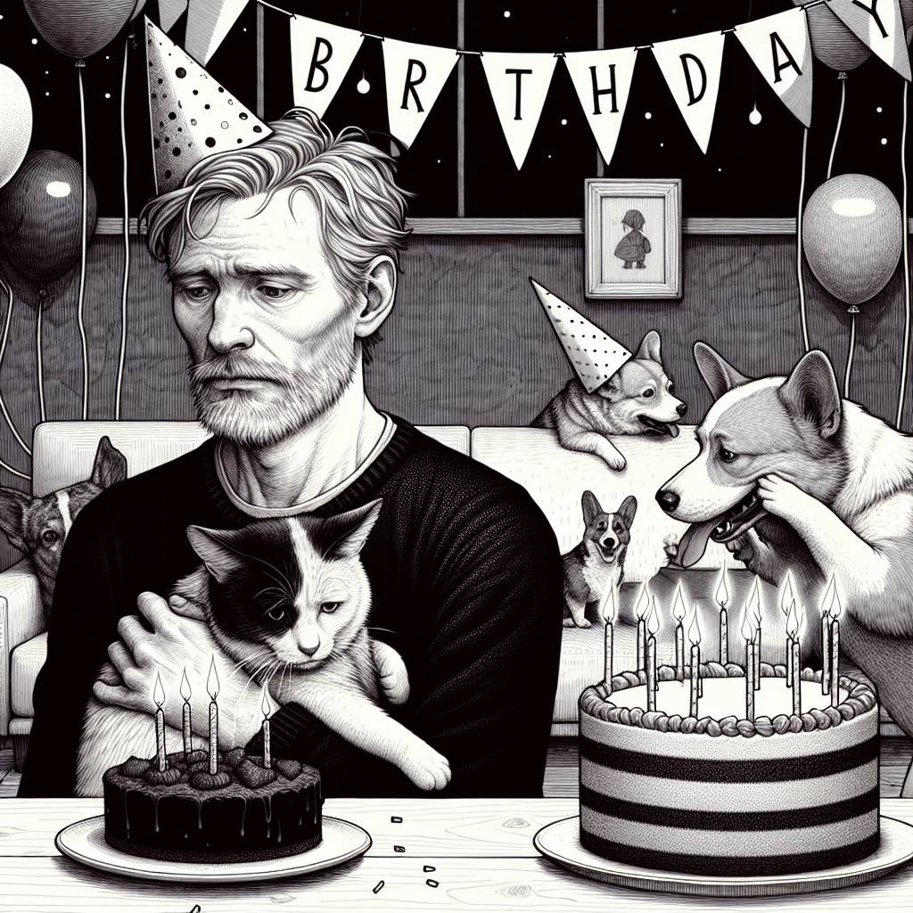 1) Birthday AI Generated Card - Robert Smith wearing a party hat holding a black and white cat while a corgi eats a birthday cake (2451e)