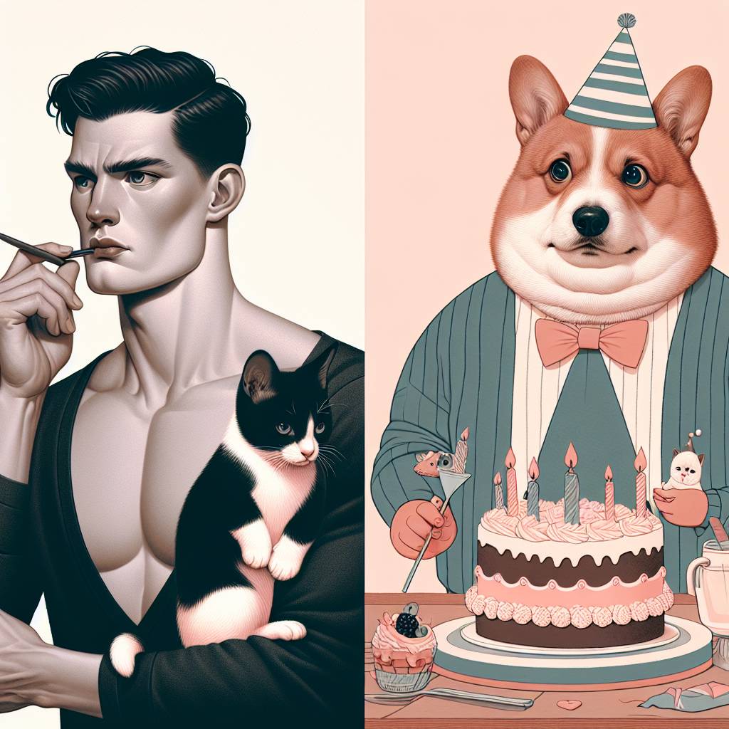 2) Birthday AI Generated Card - Robert Smith wearing a party hat holding a black and white cat while a corgi eats a birthday cake (d6ba5)